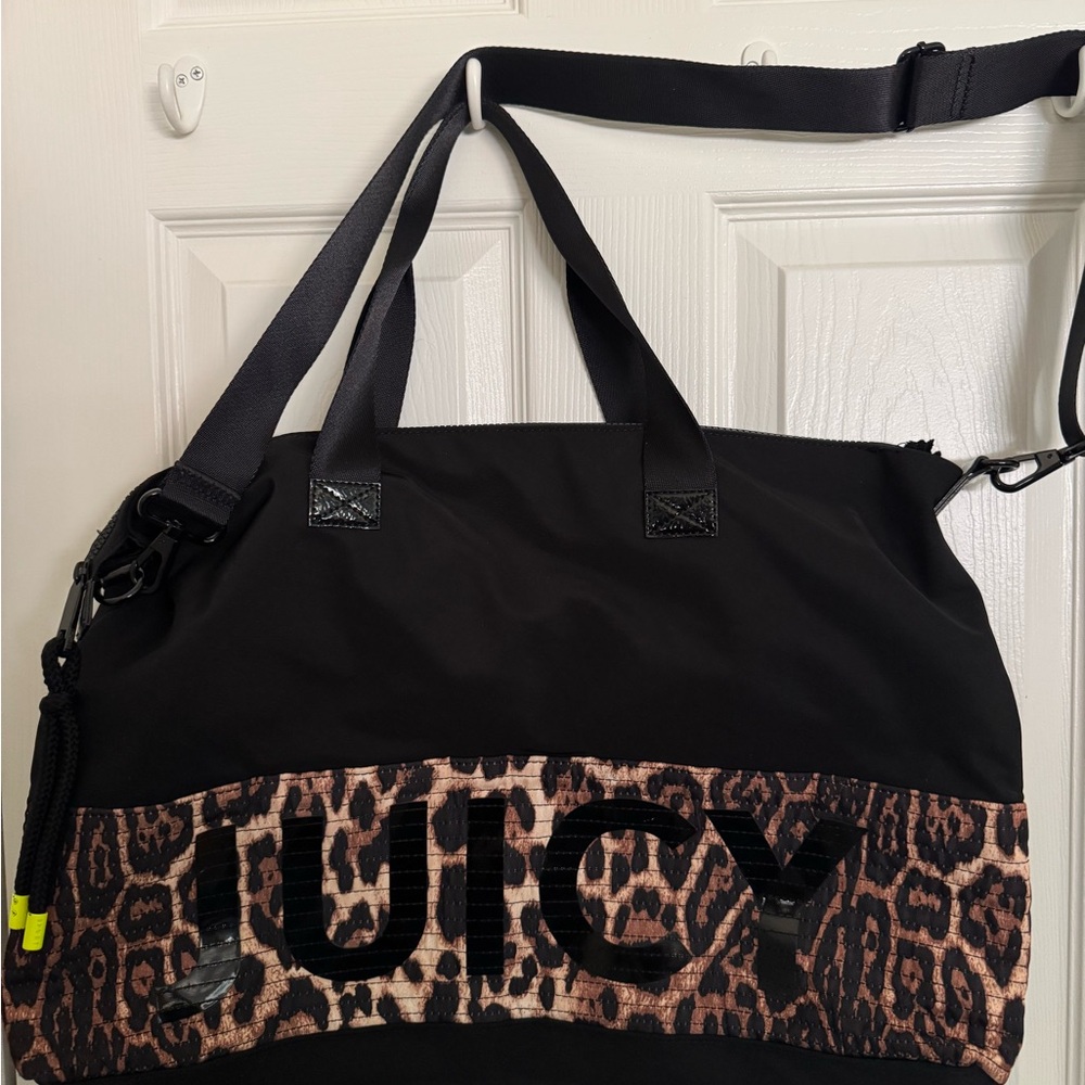 WOMENS JUICY COUTURE BLACK TAN LEOPARD TEXTILE TOTE SHOULDER HANDBAG *